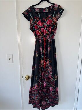 Floral Black Maxi Dress with Pink & Red Accents